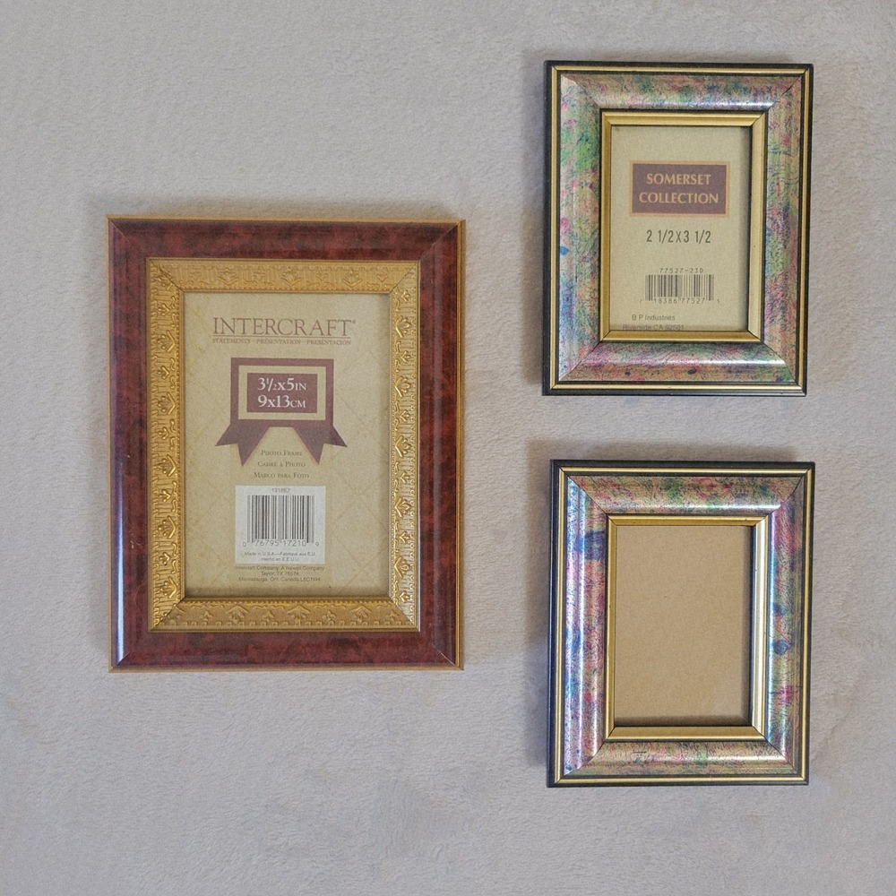 Vintage 90s Wood Floral Picture Frame Lot 3pc Burl Tortoise 3.5x5,‎ 2.5x3.5
